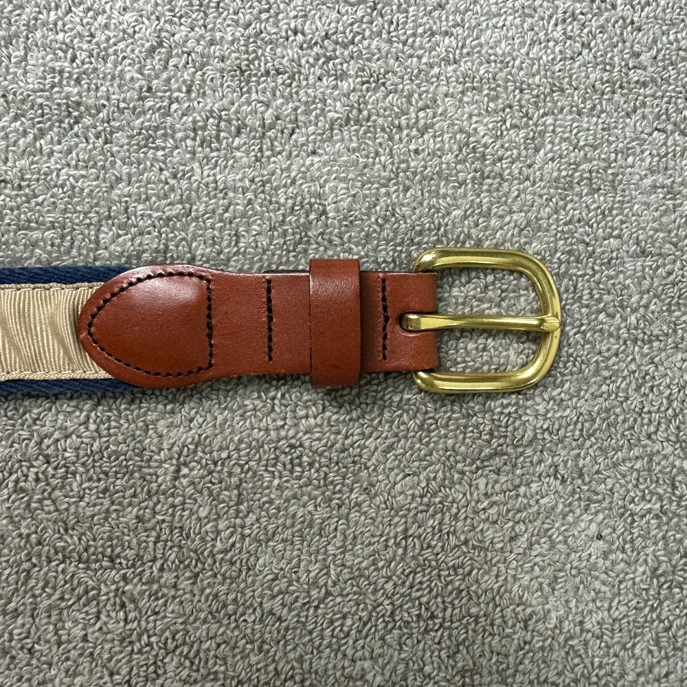 Leather Man Ltd Mens 46 Ribbon Belt Navy Tan Striped Top Grain Leather Brass CT